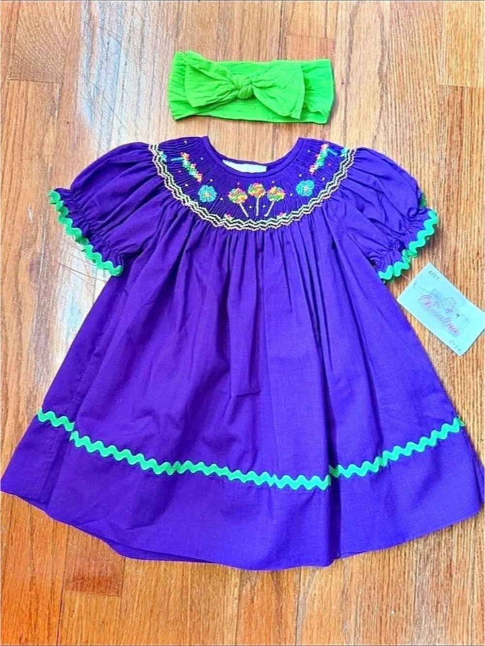 NWT Rosalina Mardi Gras Theme Hand-Smocked Bishop w/RicRack Dress Set 9M